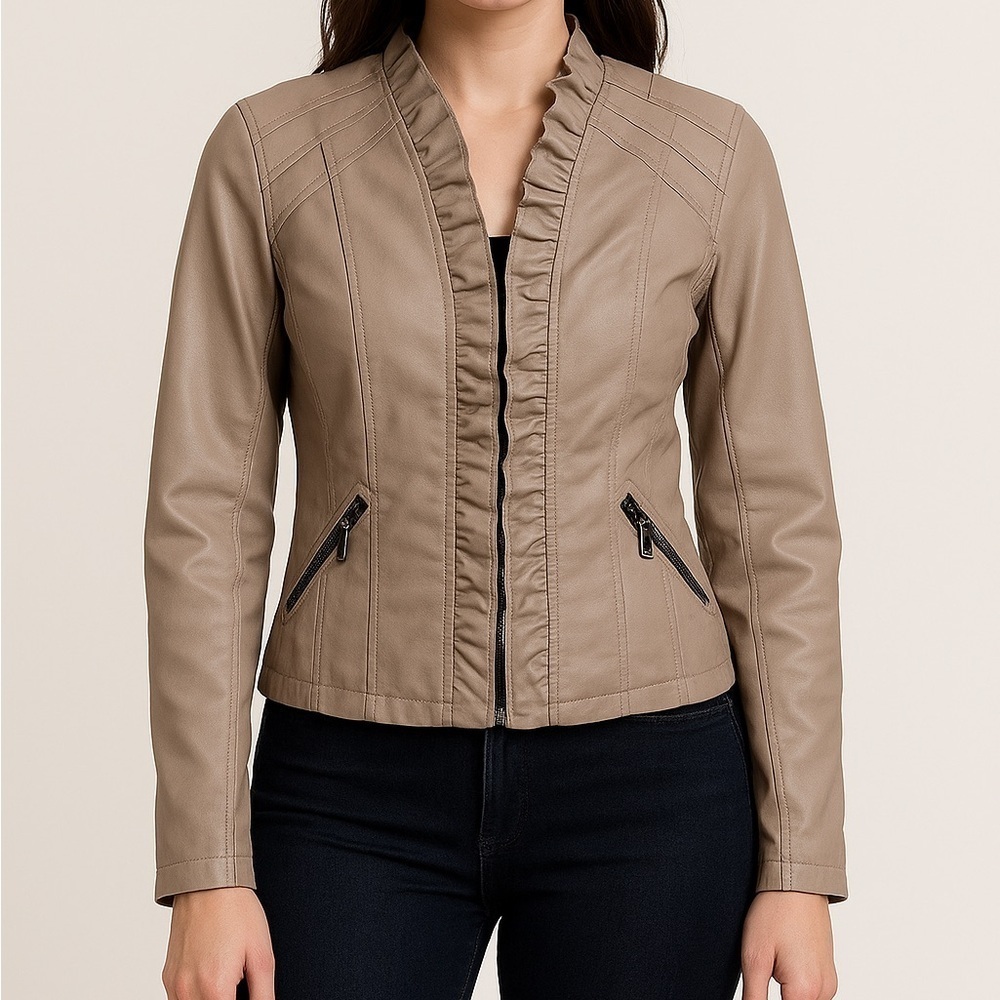 Vegan Leather Ruffled Front Tailored Moto Jacket